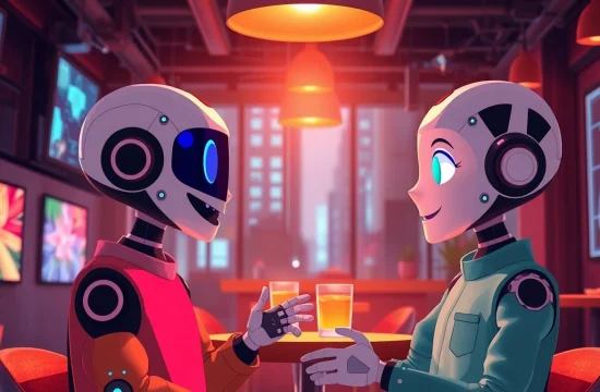 Engaging scene of AI characters in cozy urban café for ai nsfw chat.