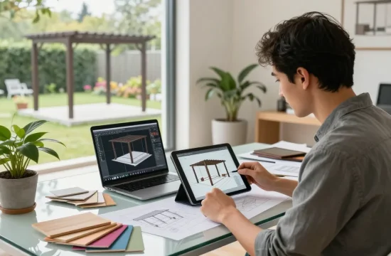 Professionnel utilisant un configurateur 3D pour fabricants de pergolas dans un studio de design lumineux avec des échantillons et des modèles.