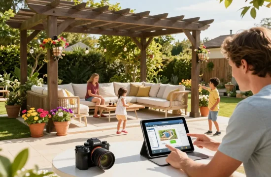 Famille profitant d'une journée ensoleillée sous une pergola magnifiquement conçue tout en utilisant un logiciel configurateur pergola.